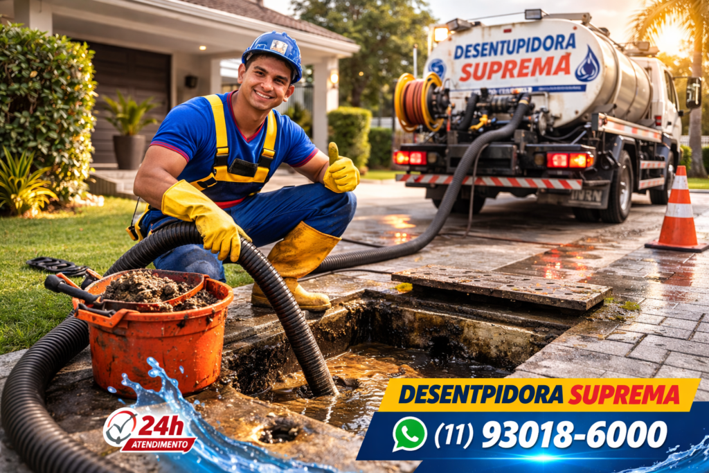 Desentupidora Embu das Artes realizando desentupimento emergencial 24h