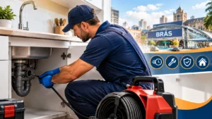Equipe profissional de desentupidora urgente Brás realizando serviço de desentupimento
